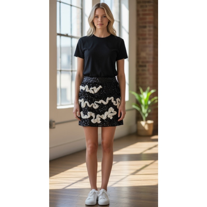 Brand New Room 76 Womens Size 42 Black White Sequin Embellished Mini Skirt
